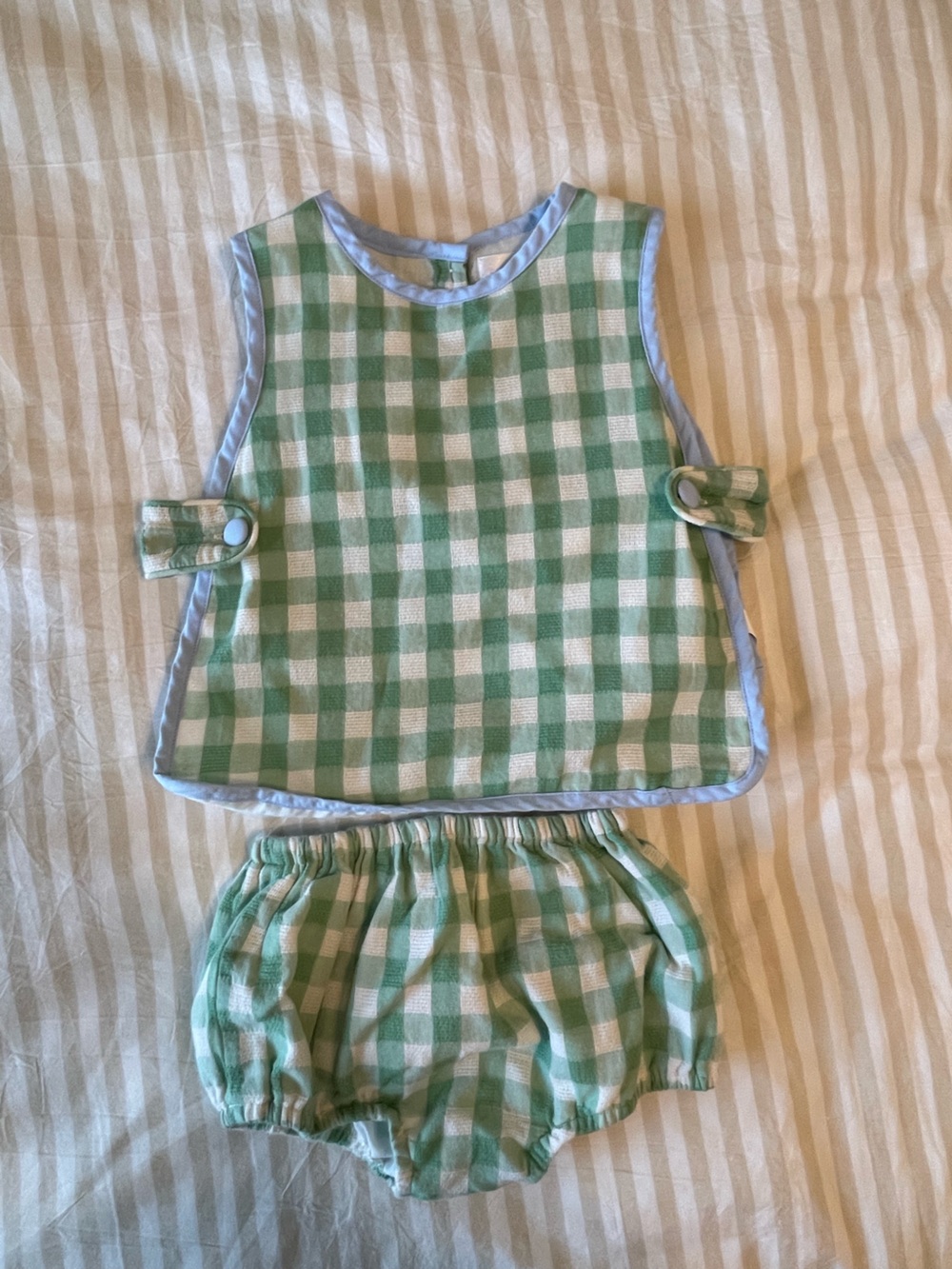 Cecil and Lou Green Gingham Kids Diaper Set with Light Blue Trim